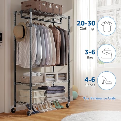 M MZG Heavy Duty Rolling Garment Rack 3 Tiers Adjustable Wire Shelving Clothes Rack with Rods and Side Hooks,Storage Closet Clothing Rack with Wheels Black 15.7" D x 29.5" W x 74.5" H - color: Black, size: 3 Tier with 1 rod, 15.7"D x 29.5"W x 74.5"H