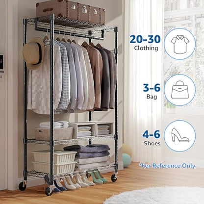 M MZG Heavy Duty Rolling Garment Rack 3 Tiers Adjustable Wire Shelving Clothes Rack with Rods and Side Hooks,Storage Closet Clothing Rack with Wheels Black 15.7" D x 29.5" W x 74.5" H - color: Black, size: 3 Tier with 1 rod, 15.7"D x 29.5"W x 74.5"H