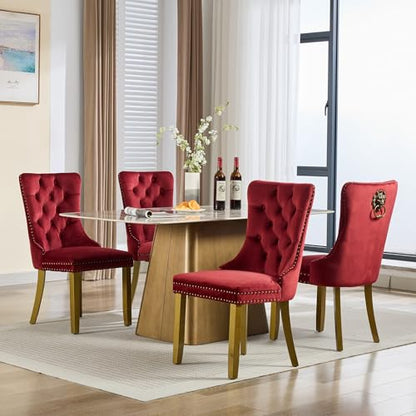 KEIKI Upholstered Velvet Dining Chair, Mid-Century Tufted Accent Seat | with Golden Solid Wood Legs for Dining Room Kitchen Room, Wine Red - color: Wine Red