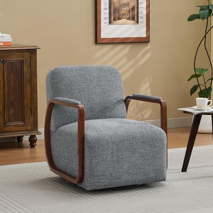 32" Chenille Upholstered Swivel Accent Chair, 360° Rotating Metal Base Modern Lounge Chair with Wooden Armrests for Living Room Bedroom, Grey - color: Grey, size: 1 Pack