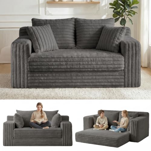 3-in-1 Convertible Sofa Bed: Boneless Loveseat Sleeper & Folding Couch Bed with 4 Pillows & Detachable Cushion, Furry Futon Couch for Bedroom, Apartment, Office and Living Room, No Assembly, Grey - color: D-grey, size: Loveseat Sofa