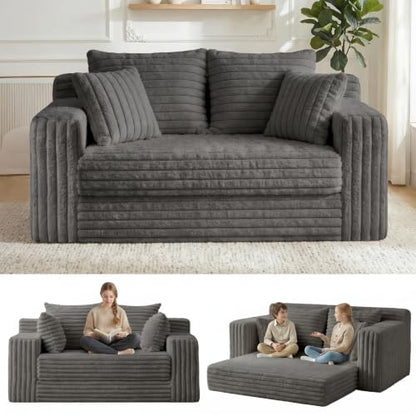3-in-1 Convertible Sofa Bed: Boneless Loveseat Sleeper & Folding Couch Bed with 4 Pillows & Detachable Cushion, Furry Futon Couch for Bedroom, Apartment, Office and Living Room, No Assembly, Grey - color: D-grey, size: Loveseat Sofa