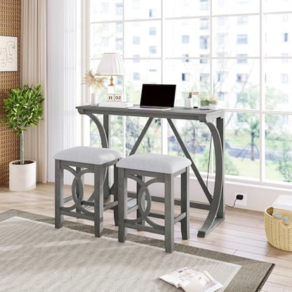 3 Piece Counter Height Dining Table Set with 2 Stools, 47.2 Inch Breakfast Nook Table for Small Spaces, Solid Wood Frame, Farmhouse Apartment Kitchen Set,Gray - color: Grey