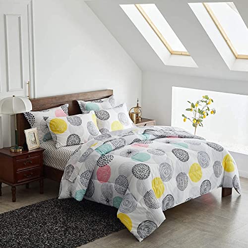 7 Pieces Comforter Sheet Set King Size Bed in a Bag - Colorful Dots Style - Soft Microfiber, Spring Soft Bedding Set (1 Comforter, 2 Pillow Shams, 1 Flat Sheet, 1 Fitted Sheet, 2 Pillowcases) - color: Colorful Dots, size: King-7 Pieces