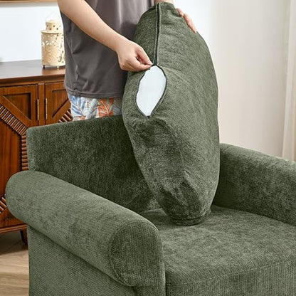 Eafurn Modern Chenille Accent Chair with Ottoman for Small Space, Comfy Upholstered Reading Chairs Lounge Armchair with Foot Rest, Sturdy Solid Wood Frame for Living Room - color: Green 37.5"
