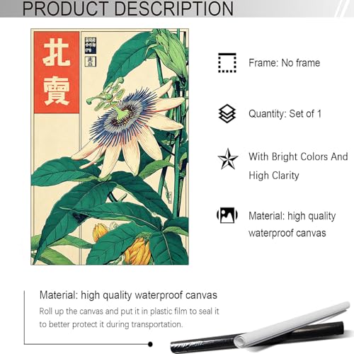 Vintage Botanical Poster Japanese Passion Flower Canvas Wall Art Green And Cream Ukiyo-E Style Floral Artwork Prints Painting For Living Room Bedroom Apartment Wall Decor 16x20in Unframed - color: style 02, size: 16"L x 20"W
