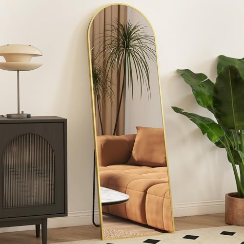 Arched Mirror Full Length, Upgraded 16"x59" Body Wall Mirrors with Shatter-Proof Glass, Floor Standing, Hanging or Leaning, Tall Arch Mirror with Stand Aluminum Alloy Frame for Bedroom Cloakroom - color: Classic Gold-arched, size: 59"L x 16"W