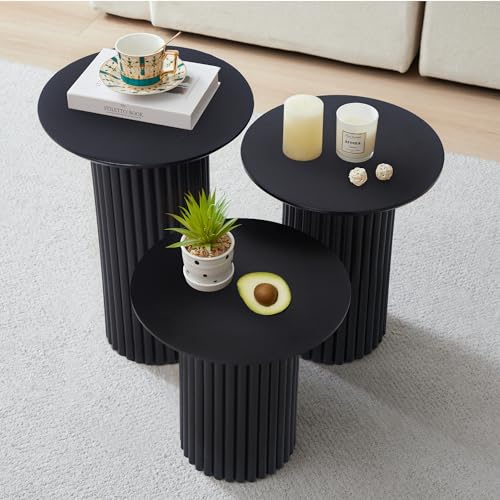 Bifins Black Round Nesting Coffee Table Set of 3 | Coffee and End Table Set,Fluted,Nesting Side Table,Drink Table,End Table,Plant Stand,Mid Century Modern,Nested - color: Black
