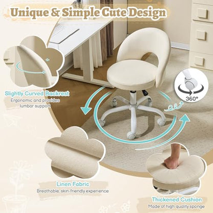 VINGLI Small Vanity Chair with Wheels for Girls.Cute Modern Adjustable Height Armless Office Desk Chair.360°Swivel Comfy Rolling Chair for Study, Make up Room,Small Space,Linen Light Yellow - color: Linen Light Yellow