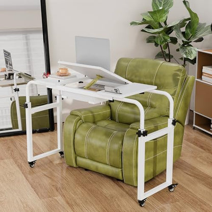 GiftGo Overbed Table with Wheels Rolling Laptop Desk Cart Table Height and Length Adjustable for Hospital and Home Use Over The Bed Table with Storage Drawer and Cup Holder (White, 31.5 to 47) - color: White