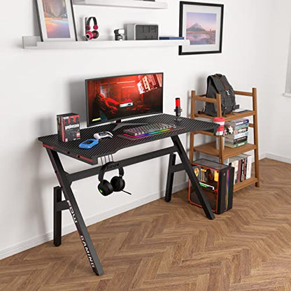 BestOffice | 47" Gaming Table | Red | R-Shaped Computer Desk | with Steel Frame, Headphone Hook, Adjustable Feet | Carbon Fiber Texture| Easy to Clean | for Gaming, Home Office - color: Red, size: 47 Inch R Shaped