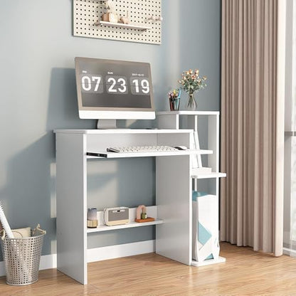 35" Compact Computer Desk with 3-Tier Storage Shelves & Keyboard Tray – Small Study Table for Bedroom or Home Office (White) - color: White