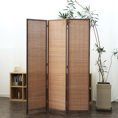 3 Panel Bamboo Room Divider - 5.6 ft Tall Folding Privacy Screen for Room Separation, Natural Brown Freestanding Partition Wall for Home Office (67" H x 46" W) - color: Brown, size: 3 Panel