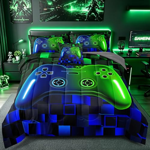 6 Pieces Gaming Bedding Set Queen Size for Boys, Blue Green 3D Video Game Controller Comforter Set for Girls Kids Teens, Cool Gamer Bedroom Decor with Sheets Pillowcases Queen55 - color: Blue Green 55, size: Queen