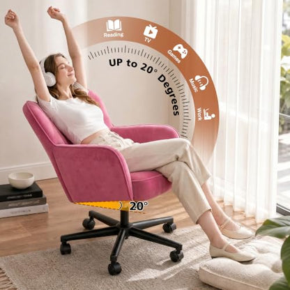 DurayLoly Desk Chair with Shell Back & 360° Swivel Wheels | Comfy Velet Vanity Chair,Adjustable Height,Stylish and Comfortable for Makeup, Work & Relaxation,Dusty Rose - color: Dusty Rose