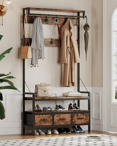 Hall Tree with Bench and Shoe Storage, Freestanding Entryway Coat Rack with 3 Fabric Drawers, 16 Hooks