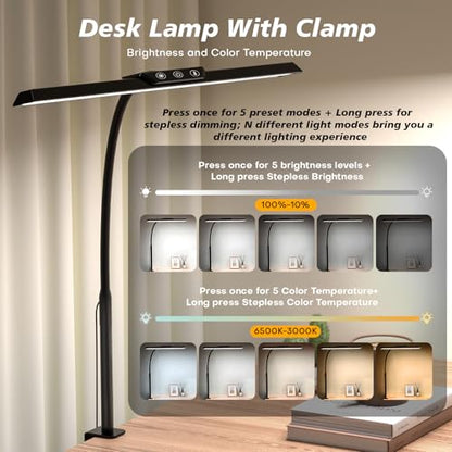 LED Desk Lamp with Clamp, Stepless Dimming Flicker-Free for Home Office | Architect Lamp, DC Adapter, 25 Modes, 12.8in Flexible Gooseneck, Eye-Friendly for Workbench & Reading - color: Black