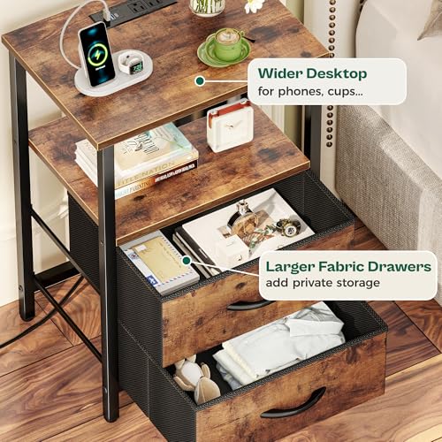 Huuger Night Stand with Charger Station and LED Lights, 2 Drawer Nightstand | Bed Side Table with Open ShelfEnd TableFabric Dresser for Bedroom, Rustic Brown - color: Rustic Brown, size: 11.8"D x 15.7"W x 23.6"H（2 Drawers）