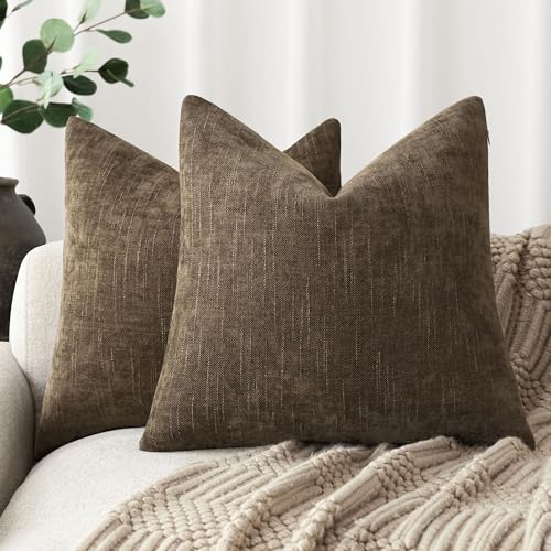 Foindtower Pack of 2 Soft Textured Chenille Throw Decorative Pillow Covers Square Accent Solid Cushion Cover Neutral Farmhouse Pillow Case for Couch Sofa Bedroom Living Room 16x16 Inch,Taupe Brown - color: Toffee, size: 16" x 16" (Pack of 2)