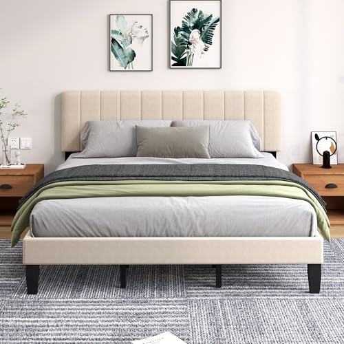 King Size Bed Frame with Headboard, Platform Bed with Soft Velvet Upholstered Headboard | Wooden Slats Support | Adjustable Height | No Box Spring Needed, King Bed Frame Beige - color: Velvet-beige, size: King (U.S. Standard)