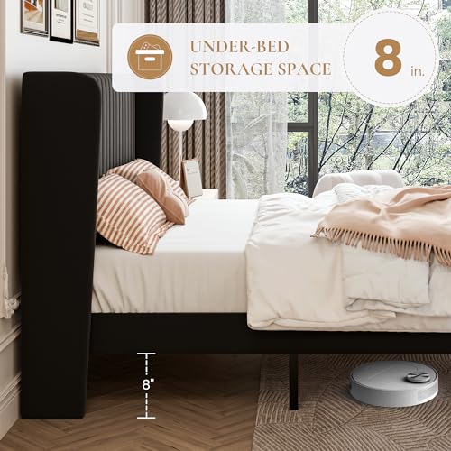 SHA CERLIN King Size Velvet Bed Frame, Tufted Wingback Headboard, Black | 47'' Modern Vertical Channel Headboard, Upholstered Platform Bed, Wood Slats, No Box Spring Needed, Easy Assembly, Noise Free - color: Black, size: King