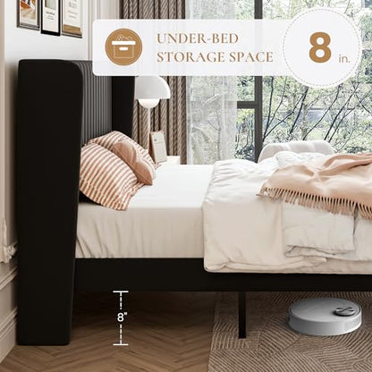 SHA CERLIN King Size Velvet Bed Frame, Tufted Wingback Headboard, Black | 47'' Modern Vertical Channel Headboard, Upholstered Platform Bed, Wood Slats, No Box Spring Needed, Easy Assembly, Noise Free - color: Black, size: King