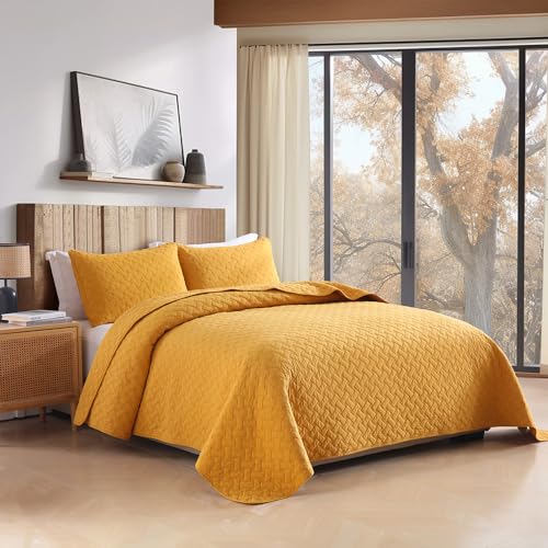 Wistown Cotton Queen Bedspread Quilt Bedding Set, Yellow | 3 Pieces Reversible Lightweight Soft Coverlets Comforters, All Seasons, Weave Stitching Pattern - color: Yellow Weave Pattern, size: Queen (90 by 98inch)