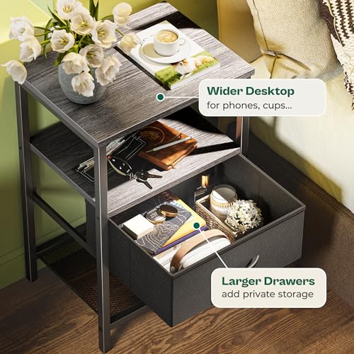 Huuger Night Stand with Fabric Drawer, Side Table with Mesh Shelf, Bedroom Nightstand, Fabric Drawer Dresser, Open Shelf, Metal Frame, Couch Side, Charcoal Gray | Bedroom Nightstand, Fabric Drawer Dresser, Open Shelf, Metal Frame, Couch Side, Charcoal Gra
