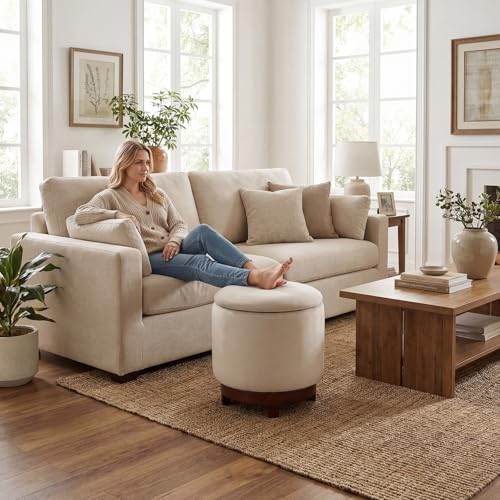 GIANTEX Round Ottoman with Storage, 360° Swivel Velvet Vanity Stool with Removable Lid, Wood Frame & Legs, Ottoman Foot Rest for Living Room, Bedroom, Makeup Room No Assembly (White & Walnut) - color: White & Walnut