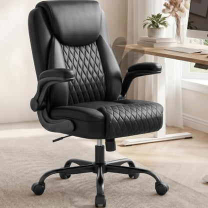 COMHOMA Mid-Back Office Chair, Ergonomic PU Desk Chair with Flip up Arms, Small Computer Gaming with Comfy Lumbar Support,Rocking Function,Sturdy Metal Base, Black - color: Black