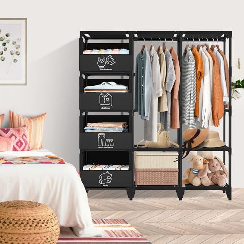 Portable Closet, Easy Assembly, Large Capacity Wardrobe Closet | Sturdy and Stable Clothes Rack with Shelves 4 Storage Baskets and 2 Hanging Rods, for Bedroom and Cloakroom 50 In Black - color: Black