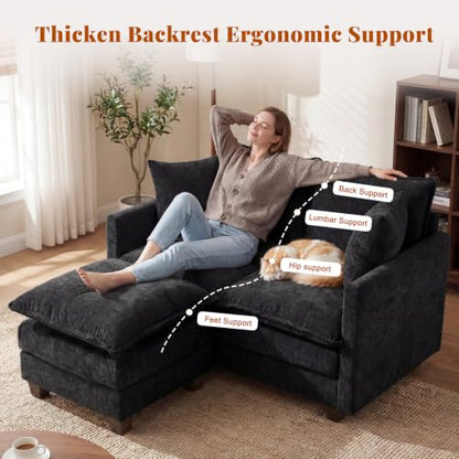 50'' Loveseat Sofa Set with Ottoman, Small Couch Set 2 Piece Cloud Love Seat 27" Deep Seat Washable Pillows Couches for Small Spaces Apartment Living Room, Black - color: Black, size: 50"+50"L