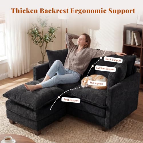 50'' L-Shape Loveseat Sofa with 22" Ottoman, 2 Seat Modern Cloud Couch with 2 Washable Pillows for Small Space Apartment Office Living Room Bedroom, Black - color: Black, size: 50"L