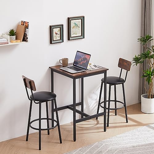 Spaco Bar Table Set for 2, Small Kitchen Dining Table Set with 2 PU Upholstered Stools, Counter Height Dining Table Set with Iron Frame for Kitchen,Small Space - color: Brown, size: 3 Piece-1 Square Table and 2 Round Stools