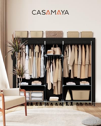 CASAMAYA Portable Closet, 77.6 Inch Extra Large Capacity Wardrobe Closet with Cover, Clothes Storage Organizer with Shelves and 3 Hanging Rods, Easy to Assembly, Black PCT223B01 - size: 77.6"L x 17.7"W x 70.9"H