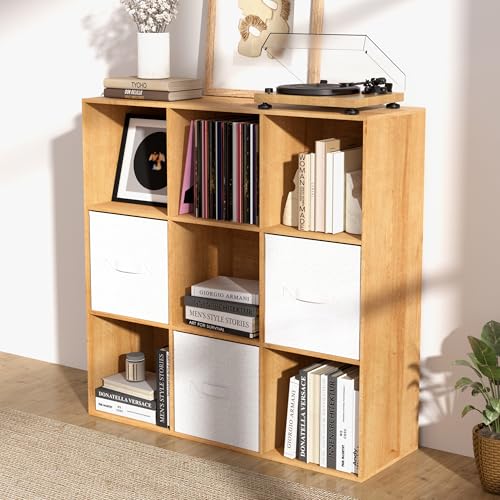 9 Cube Storage Organizer with Closed Back Panel, 13.5-inch Wooden Cubby Shelves Heavy Duty - Bookshelf for Living Room, Bedroom, Office & Closet Storage (Oak, 9-Cube) - color: Oak, size: 9 Cube-13in