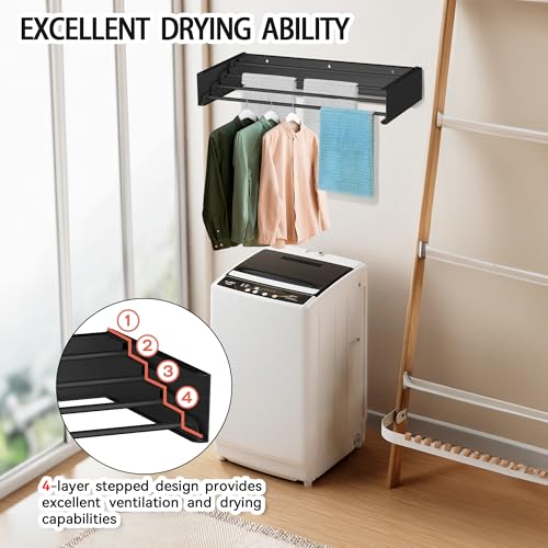 Laundry Drying Rack Wall Mounted Clothes Drying Rack Black,23.6" | Collapsible Drying Rack With 4 Aluminum Rods and Drilling Template Long Screwdriver Bit 60 lbs Capacity - color: Black, size: 23.6"