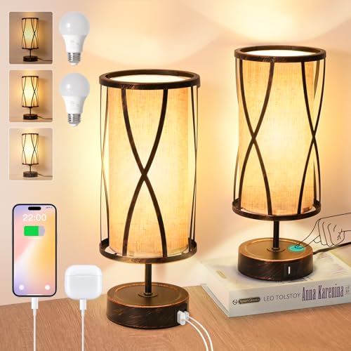 Distressed Table Lamps for Living Room, 3 Way Dimmable Touch Lamps, Small Bedside Lamps with LED Bulbs, USB Ports C+A, Nightstand Lamp for Kids Room, Bedroom, Office (2 Pack Iron) - size: 2 Pack Iron