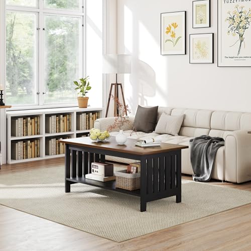 39.4" Farmhouse Coffee Table, Small Coffee Tables for Living Room | Black, 2 Tier Coffee Table with Storage, Tea Table for Living Room Bedroom Small Space - color: Black