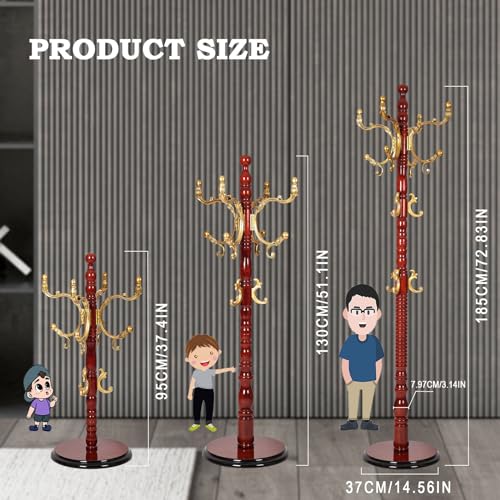 Coat Racks Free Standing with 14 Hooks, Natural Wood Coat Rack with Solid Round Base, Adjustable Height Coat Racks, Easy Assembly for Hallway, Bedroom and Office (Begonia color) - color: Begonia color