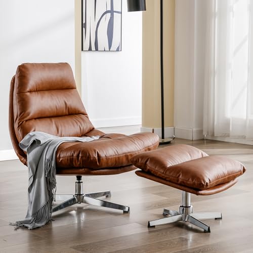 Modern Swivel Accent Chairs with Ottoman Set of 2, PU Leather Oversized Armless Reading Chairs with Footrest, 33'' Wide Upholstered Lounge Chairs with Footstool for Living Room Bedroom Comfy, Brown - size: 2 SET