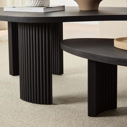 Modern Nesting Coffee Tables Set, 2-Piece Irregular Circle Wood Center Tables Unique End Side Table for Living Room Office, Fluted Legs Easy Assembly - Black - color: 49.41"&28.35-black