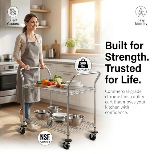 Finnhomy 2-Tier Commercial Grade Rolling Cart, Heavy Duty Utility Cart, Carts with Wheels and Handles, Kitchen Cart on Wheels, Metal Serving Cart with 500 lbs Capacity, Shelf Size 20" D x 36" W, NSF - size: 20"D x 43.9"W x 39.3"H