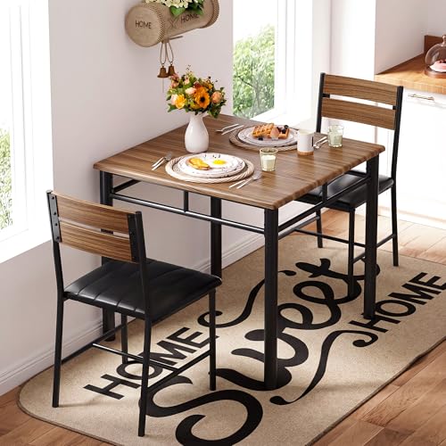 IRONCK Dining Table Set for 2, Walnut | Small Kitchen Table with Upholstered Chairs, Compact Dining Set for Small Spaces, Kitchen & Dining Room - color: Walnut