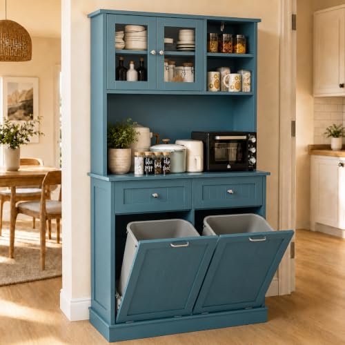 LOUVIXA 68.4" Kitchen Pantry Storage Cabinet, Freestanding Cupboard with Shelf, 2 Drawers and 2 Tilt Out Trash Cabinet, Tall Cabinets for Kitchen, Dinning Room, Living Room (Deep Teal, Double Tilt) - color: Deep Teal