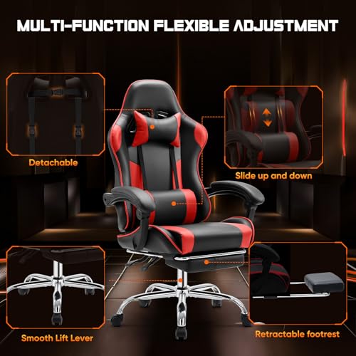Sweetcrispy Gaming Chair, Ergonomic Computer Desk Chair, Lumbar Support | High Back PU Leather, Adjustable Headrest Footrest, Racing Video Office Home, Red - color: Pu Red
