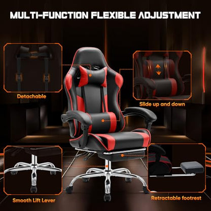 Sweetcrispy Gaming Chair, Ergonomic Computer Desk Chair, Lumbar Support | High Back PU Leather, Adjustable Headrest Footrest, Racing Video Office Home, Red - color: Pu Red