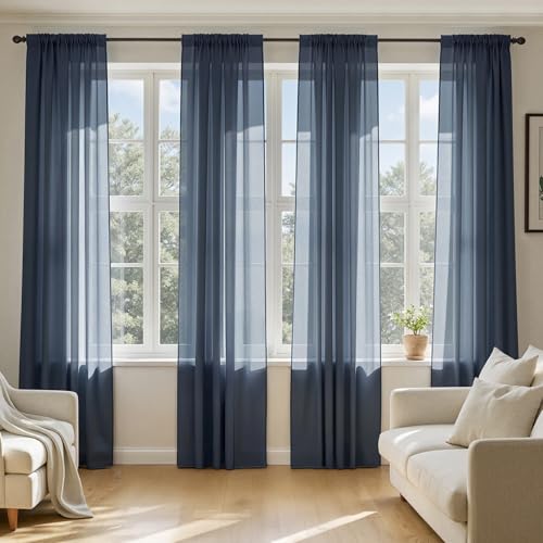 MIULEE Navy Blue Sheer Curtains 84 Inches Long 4 Panels 42 x 84 Inches | Light Filtering, Rod Pocket, Voile Drapes, Living Room, Bedroom, Window Treatments - color: Navy Blue, size: 42"W x 84"L (Pack of 4)