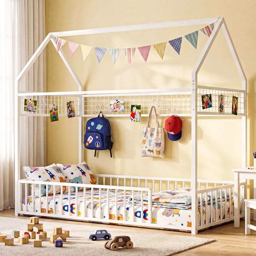 IRONCK Twin Floor Bed Frame with Fence Guardrails and Roof, White | Metal House Bed with Hanging Mesh, No Box Spring Needed, Easy Assembly, Anti-tipping Device - color: White