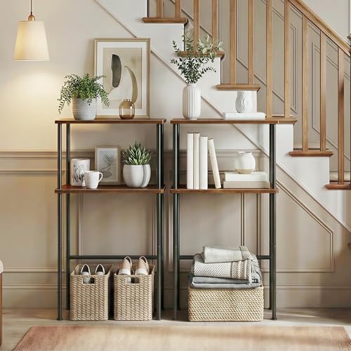 HOOBRO Narrow Console Table Set of 2 for Small Space, 15.7" Entryway Table with Storage, Sofa Table with 2 Shelves, Skinny Console Tables for Entryway, Hallway, Rustic Brown and Black BF40XGP201 - color: Rustic Brown + Black
